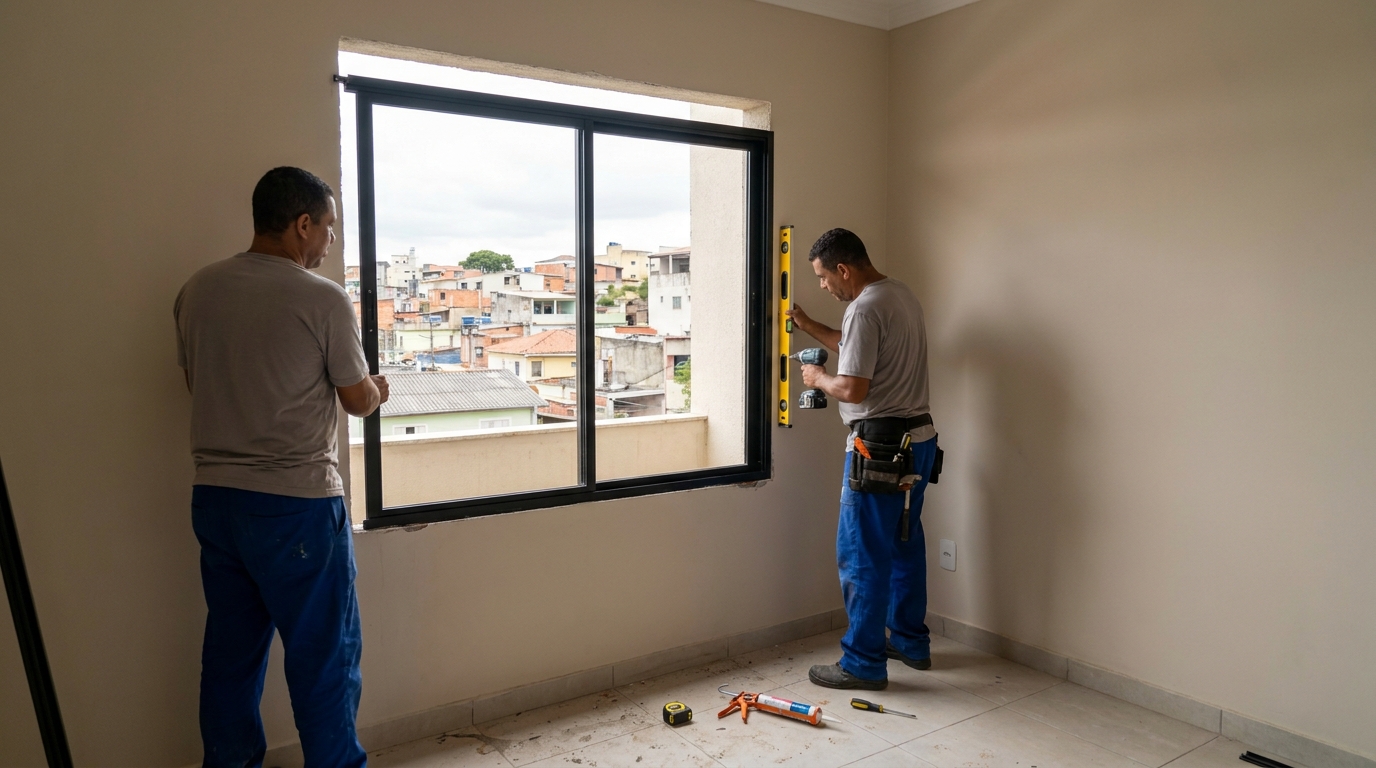 Esquadria de alumínio em quarto bege em Osasco-SP