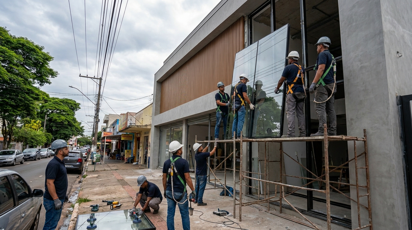 Fachada de vidro com andaime lateral em Osasco-SP