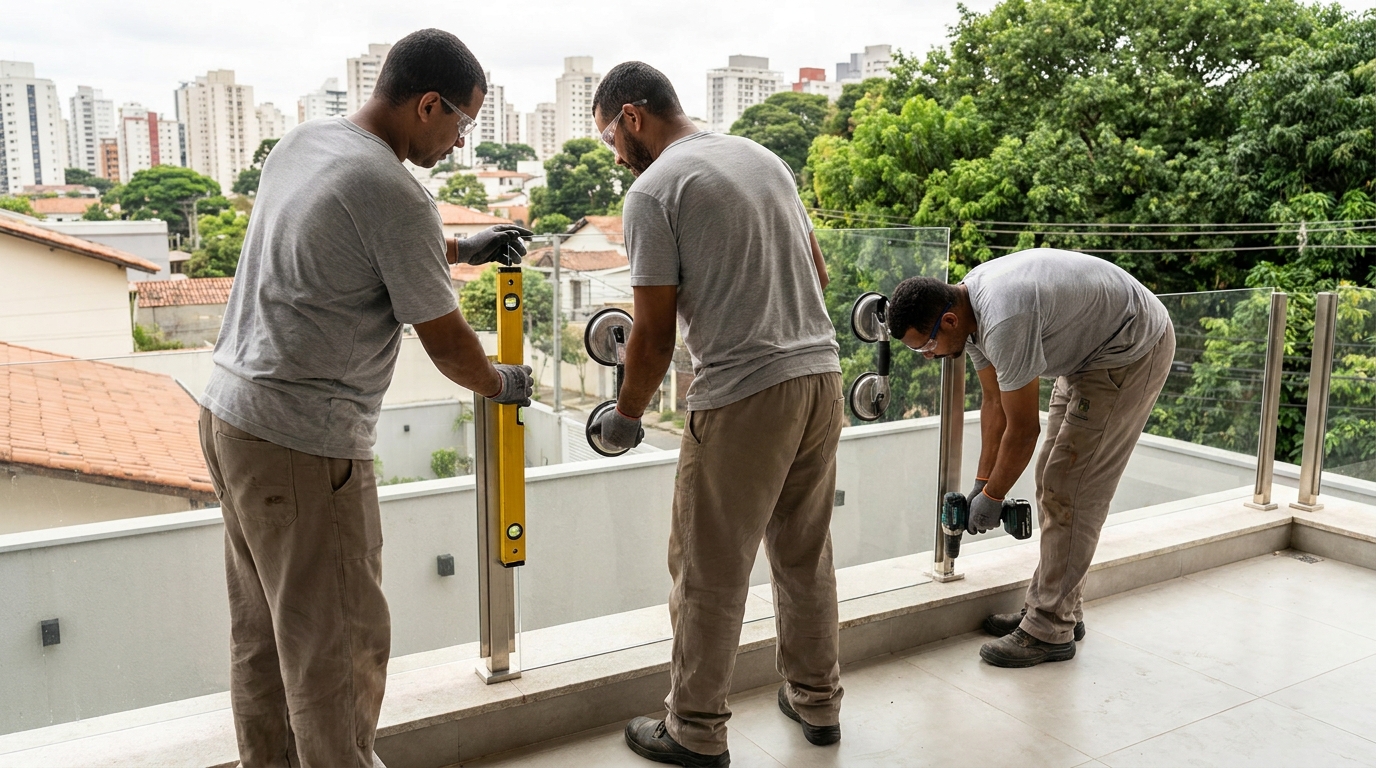 Guarda-corpo em terraço alto com vista cidade em Osasco-SP